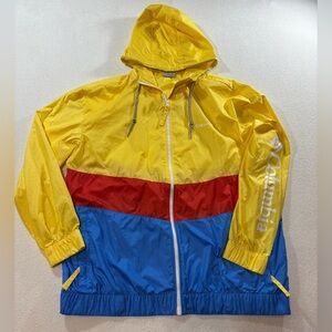 Columbia Hooded Windbreaker Jacket Women’s 1X Yellow Blue Red Colorblock
